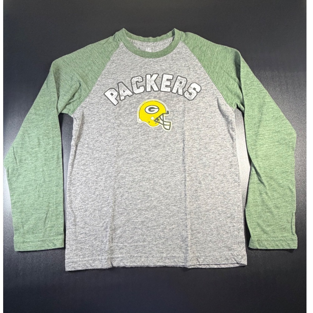 NFL Green Bay Packers Boys Raglan Long Sleeve Shirt Gray Green Large 14/16 K16